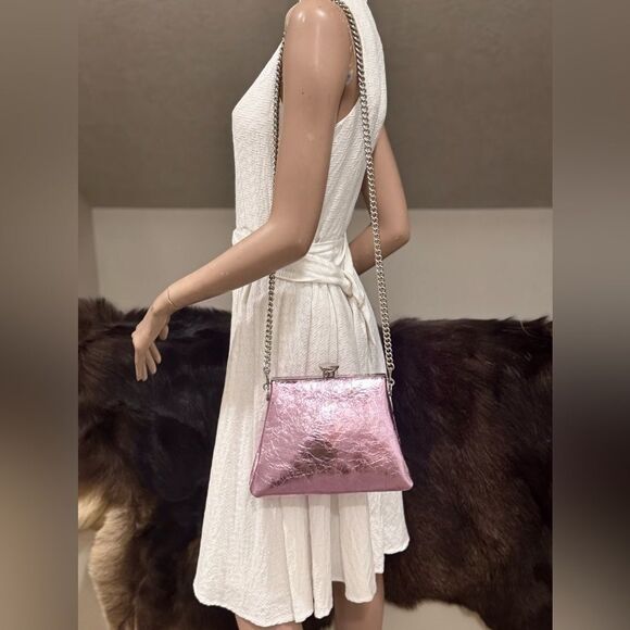 Metallic Pink Genuine Leather Handmade Push Lock Box Bag, Multi Use Style - Picture 10 of 15